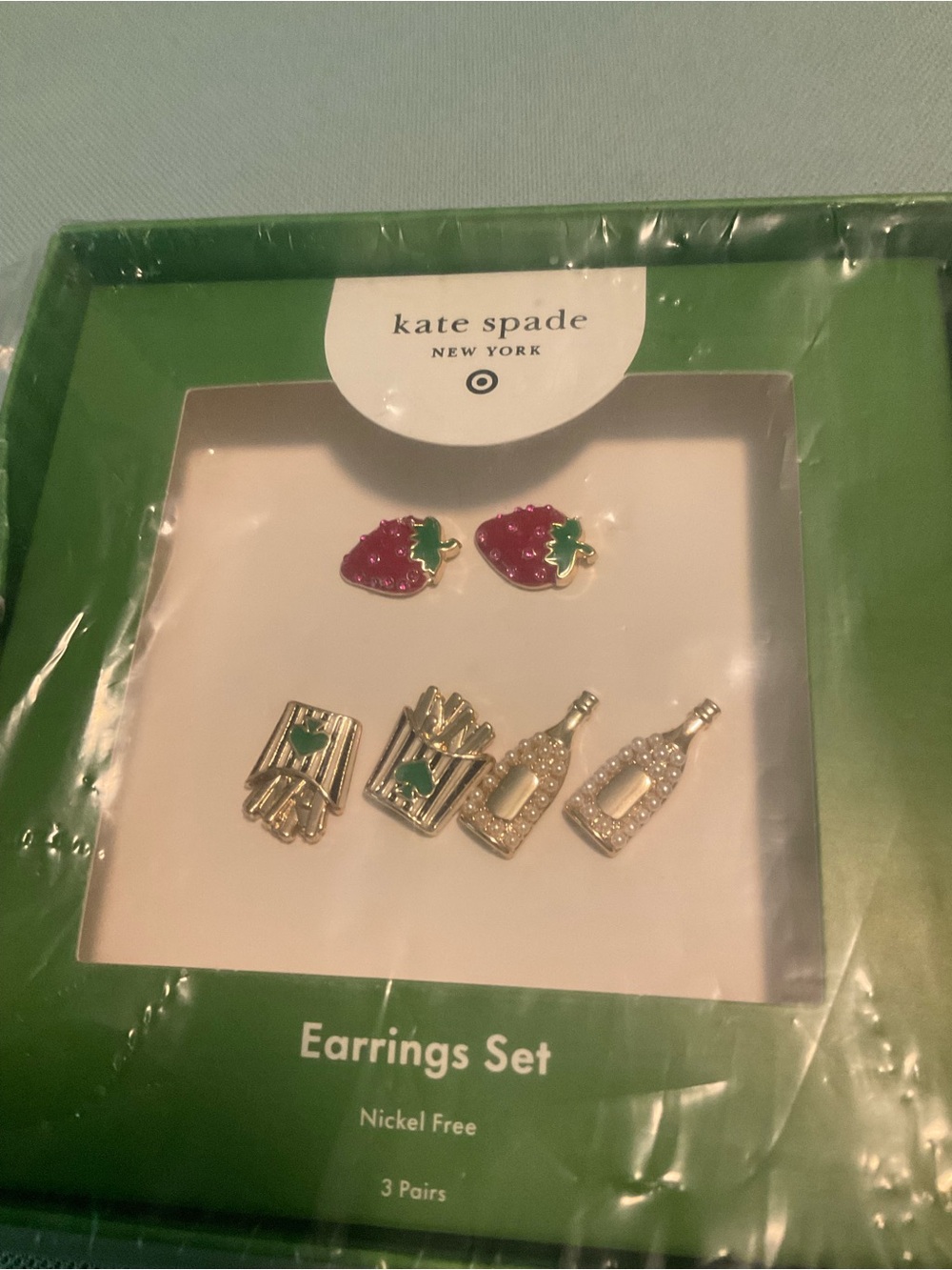 Kate spade Pink & Green Strawberry, Fries & Gold Champagne Stud Earring Set New